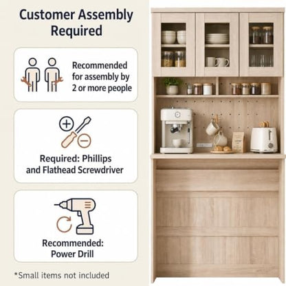 Garvee 71" Large Kitchen Pantry Cabinet with Drawers and Power Outlet, Tall Kitchen Hutch with Countertop for Kitchen,DIY Pegboard and Drawers, Farmhouse Food Pantry for Living Room - color: Natural Wood