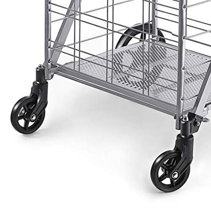 Wellmax Folding Grocery Cart with Wheels, Heavy Duty Metal Utility Cart with Mesh Bottom, Extra Rear Basket, 160 lb Capacity, Dual Swivel Wheels, Foldable Trolley for Groceries & Laundry - size: Jumbo