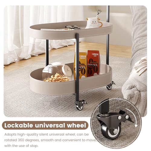 Oval End Table with Storage Shelves, 2-Tier PU Leather Tray Side Table with Wheels, Modern Sofa Table & Nightstand for Bedroom, Living Room, Compact Rolling Tray Table with Lockable Casters