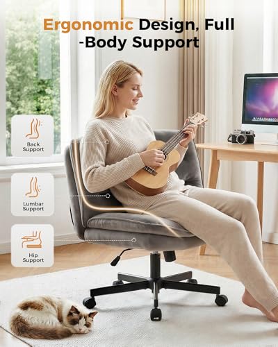 COMHOMA Criss Cross Office Chair with Wheels Armless Desk Chair Comfy, Modern Vanity Chair for Home Bedroom, Comfortable Wide Seat for Lower Back Pain Relief, Soft Velvet, Gray - color: Moon-gray Velvet