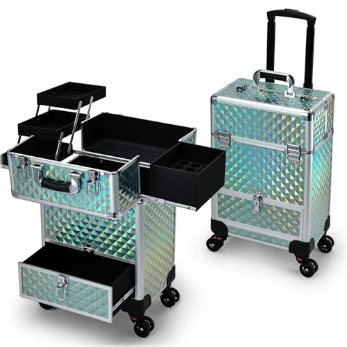Hododou Blue Rolling Makeup Case with Drawer Travel Trolley Cosmetology Case on Wheel Makeup Storage Salon Barber Case Traveling Cart Trunk for Cosmetologist Nail Tech Hairstylist - color: Watery Blue