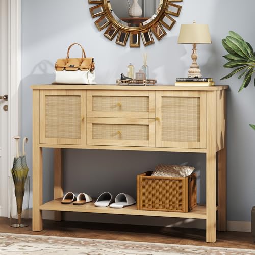YOSHOOT Rattan Console Table with Storage, Entryway Table with 2 Doors & 2 Drawers, Farmhouse Coffee Bar for Kitchen, Living Room, and Entryway, Oak - color: Oak
