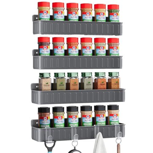 Nieifi Spice Rack Wall Mount, 4 Pack, Grey, 2 Inch Depth, Screw or Adhesive Installation, Spice Rack Organizer for Small Spice Jars, Suitable for Kitchen Cabinet or Pantry Door - color: Grey