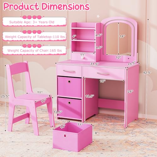 Costzon Kids Vanity with Lights, Princess Makeup Dressing Desk with Mirror and Stool, Storage Drawers, Shelves, Kids Vanity Table and Chair Set for Little Girls (Pink) - style: Pink