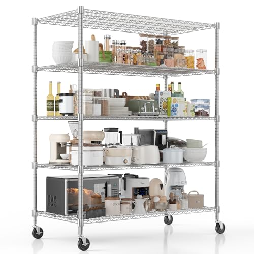 Homdox 5 Tier Heavy Duty Storage Shelves, Wire Shelving Unit with Wheels, Commercial Adjustable Metal Shelves for Storage, Garage Rack Pantry Shelves Kitchen Shelving, 24"x 60"x 82", Chrome - color: Chrome, size: 24"Dx 60"Wx 82"H, 5 Tier