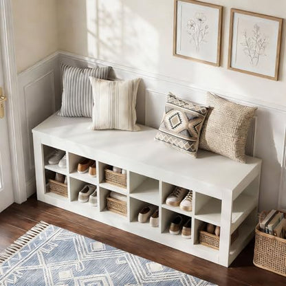 Tribesigns White Storge Cubes, Wood Storage Organizer, Modern 52" Shoe Entryway Bench