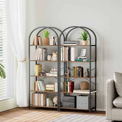 Homhedy 5-Tier Arched Bookshelf, Display Racks, Tall Book Shelf, 62.2" H | Wood and Metal Bookcase, Industrial Display Standing Shelf Unit, for Home, Office, Living Room, Bedroom, Rustic Brown - size: 5 Tier -23.6"W