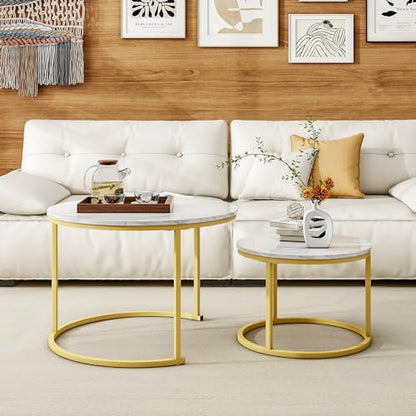HOJINLINERO Round Coffee Table,Nesting Coffee Table Set of 2,Golden,Large | Center Table for Living Room,Bedroom,Office,Home Small Space,Stacking Side Tables,Sturdy and Easy Assembly,Wood Desktop - color: Gold/Yellow, size: Large