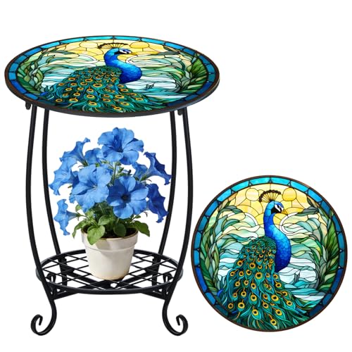 Cinnvoice Outdoor Side Table Round Small Mosaic Patio Accent Indoor End Plant Coffee Tea Table for Yard Patio Porch Garden Living Room, Bedroom(Peacock Style,12 Inch) - size: 12 Inch, style: Peacock Style