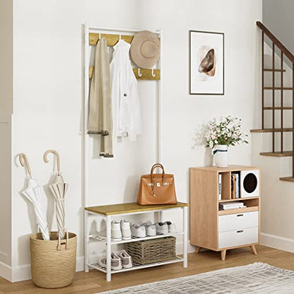 Hall Tree with Bench and Shoe Storage, 3-in-1 Coat Rack Shoe Bench, Freestanding Wooden Coat Rack with Metal Frame, 3-Tier Storage Shelf and 9 Removable Hooks, White/Walnut - color: 1.white Hall Tree