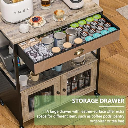X-cosrack Large Coffee Bar Cabinet，3 Tiers Kitchen Coffee Cart with Drawer for The Home, Movable Farmhouse Station Table on Wheels for Living Room, Entryway, Dining Room, Kitchen