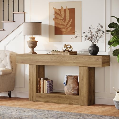 Tribesigns 63-Inch Long Console Table, 2-Tier Entryway Table Sofa Table with Storage, Farmhouse Wood Behind Couch Table for Living Room, Hallway, Light Brown - color: Light Brown