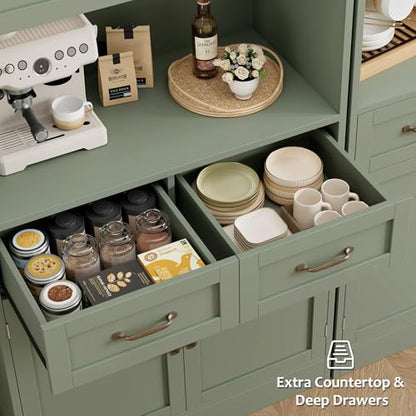 HOSTACK 71" Tall Kitchen Pantry Storage Cabinet, Wood Kitchen Hutch, Green | Modern Pantry Cabinet with Microwave Stand, Hutch Cabinet with Countertop & Drawers, Storage Cabinet for Living Room - color: Green + Bronze Handles