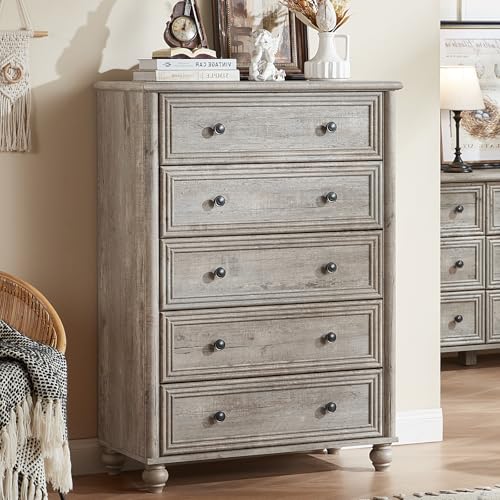 RWYHG Farmhouse 5 Drawer Dresser, 45" Tall Chest of Drawers for Bedroom | Tall Grey Vertical Dressers with 4 Wooden Legs, Metal Handles, Storage Organizer for Living Room, Hallway, Closet - color: Grey, size: 15.8"D x 31.5"W x 45"H (5 Drawers)