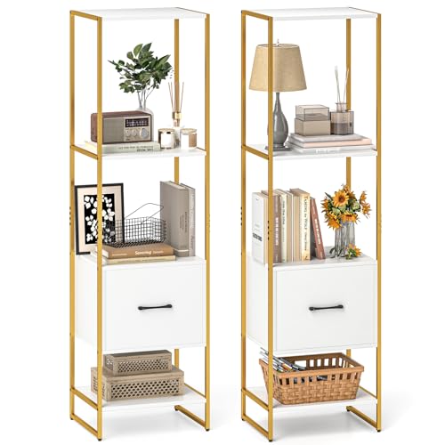 Giantex 4-Tier Bookshelf with Drawer Set of 2, Narrow Bookcase w/ 4 Open Shelves & Metal Frame, Modern Storage Organizer Shelving Unit, Freestanding Display Rack for Bedroom Living Room - color: White+gold