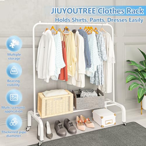 Metal Clothing Rack with Wheels, 43.3 Inches Rolling Clothes Garment Coat Rack with Bottom Shelf, Clothing Rack for Hanging Clothes, Coats, Skirts, Shirts, Sweaters, White - color: White, size: 43.3"W x 15.75"D x 61"H with wheels