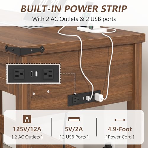 YOMILUVE Farmhouse Computer Desk with 2 Drawers, 39 Inch Small Office Computer Desk with Power Outlets, Compact Writing Study Vanity Desk for Small Spaces, Brown - color: Brown