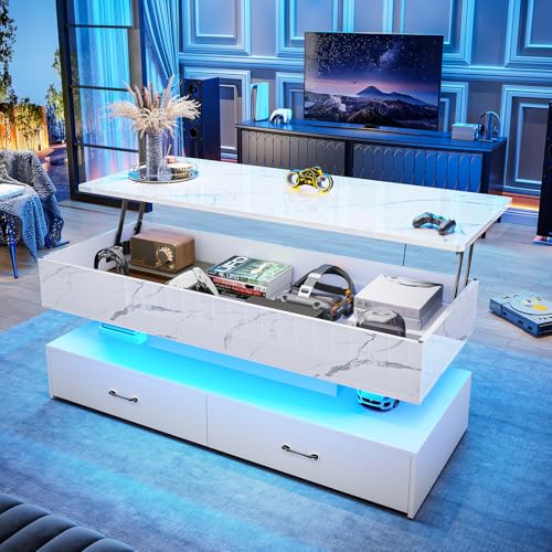 SEDETA 47.2" Lift Top Coffee Table, Coffee Tables with Storage for Living Room, 2 Drawers Coffee Table with Power Outlet & LED Light for Dining Reception Room, High Gloss White Marble - color: High Gloss White Marble, size: 47.2"