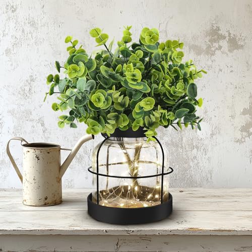 Farmhouse Rustic Glass Vases Primitive Country Lantern Coffee Dining Table Centerpiece Green Fake Artificial Eucalyptus Plants with Light Home Decor for Shelf Desk Counter Kitchen Bathroom, Black - style: Modern Decor