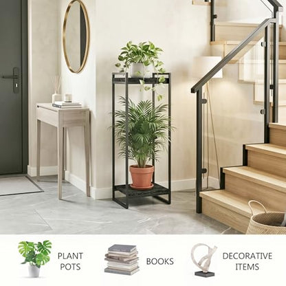 34" Tall Indoor Plant Stand, 2-Tier Flower Pot Rack, Black | Modern Minimalist Look, Wood Finish, for Living Room, Bedroom, Balcony, Space-Saving, Sturdy Metal Frame