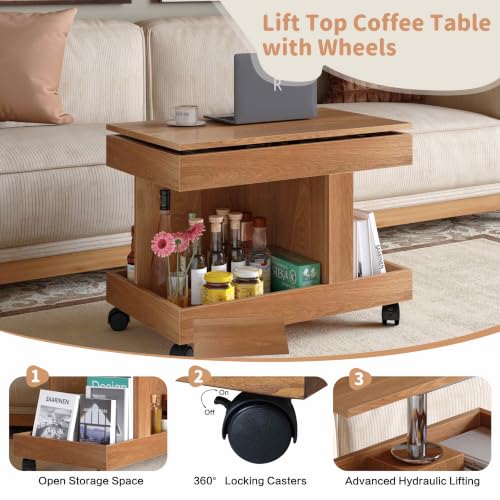 Multifunctional End Table with Wheels and 360° Rotating Desktop | Rolling Design, Storage Compartment, Sofa Side Narrow Table, Bedside Use, Living Room & Bedroom - color: Natural-7.15