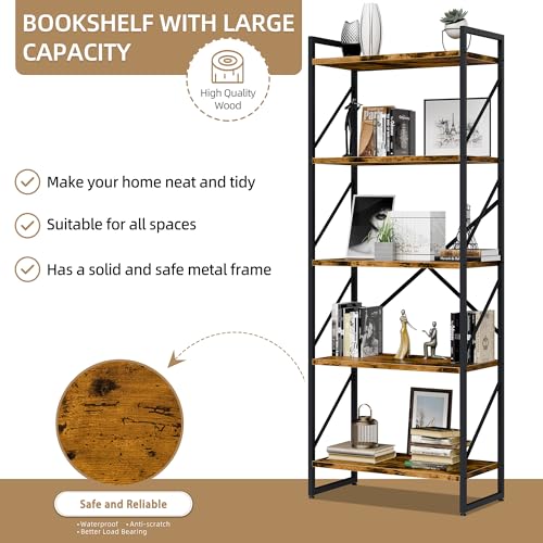 Vongrasig 5 Tier Bookshelf, Modern Industrial Bookcase with Metal Frame | 62” Tall Display Shelf, Free Standing Storage Organizer for Home Office, Living Room, Bedroom, Rustic Brown - color: Rustic Brown