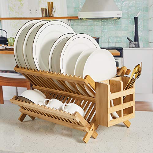 NOVAYEAH Bamboo Dish Drying Rack-2 Tier, Collapsible Small Dish Rack with Utensil Holder, Wooden Drying Rack for Kitchen Counter, Apartment Essentials Kitchen Plate Holder Organization 34 pcs Grid - color: 2-tier (Bamboo)