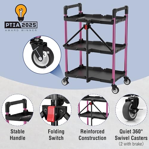WORKPRO 3-Tier Collapsible Service Cart, Black/Pink, 210 LBS Foldable Utility Cart with Wheels, Portable Rolling Tool Cart for Garage, Warehouse, Home, Restaurant and Office (No Assembly Required) - color: Black/Glossy Pink