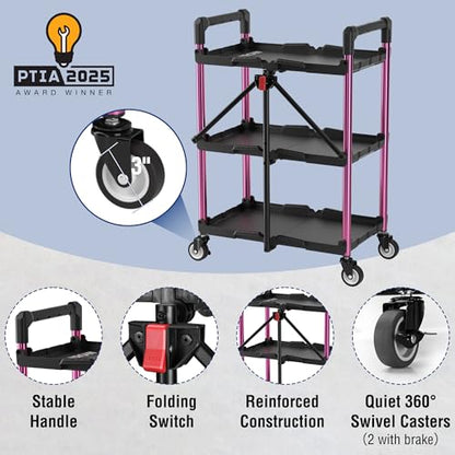 WORKPRO 3-Tier Collapsible Service Cart, Black/Pink, 210 LBS Foldable Utility Cart with Wheels, Portable Rolling Tool Cart for Garage, Warehouse, Home, Restaurant and Office (No Assembly Required) - color: Black/Glossy Pink