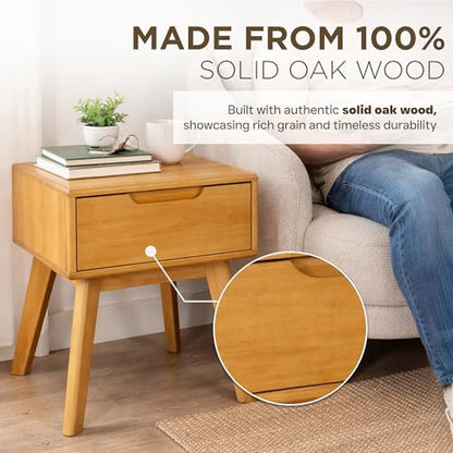 Scandinavian Nightstand - Pine Bedside Table - with Drawer | Solid Wood Construction, 18.5 x 16.93 x 15.75 in, Light Natural Finish, Square Shape, Leg Base, Easy Assembly