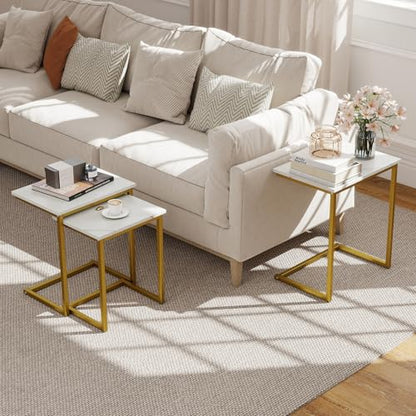 Giantex Nesting Coffee Table Set of 3, Stackable Square End Table w/Faux Marble Tabletop & Heavy-Duty Metal Frame, Farmhouse C-Shaped Accent Table for Small Space, Living Room, Bedroom (White Gold) - color: White Gold