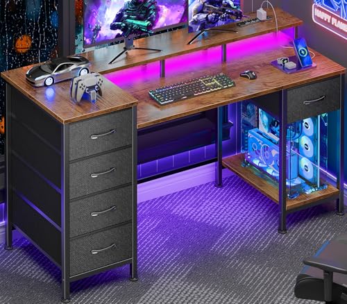 Korfile 47 Inch Gaming Desk with Power Outlets and LED Lights, Reversible Computer Desk with 5 Fabric Storage Drawers, Home Office Desk with Monitor Stand for Working Writing Study, Rustic Brown - color: Rustic Brown, size: 47 Inch