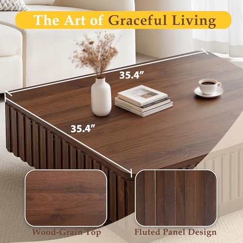 Lift Coffee Table with Hidden Storage & Adjustable Height, 35.4" Modern Fluted RGB LED Center Table with Charging Station, Wooden Accent Tea Table for Living Room & Small Apartment (Square) - size: Square
