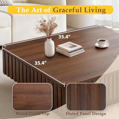 Lift Coffee Table with Hidden Storage & Adjustable Height, 35.4" Modern Fluted RGB LED Center Table with Charging Station, Wooden Accent Tea Table for Living Room & Small Apartment (Square) - size: Square
