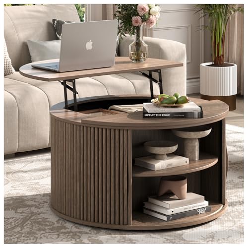 Round Lift Top Coffee Table, 31.5” Mid Century Modern Center Table with Hidden Storage, Fluted Circle Coffee Tables for Living Room, Home Office, Walnut - color: Walnut, size: Round(lift top)