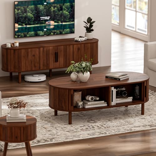 ZttRiee Oval Coffee Table with Sliding Doors, Mid-Century, Walnut | 47.24"L x 21.65"W x 16.14"H, 200 lbs capacity, 2 front & back storage areas, ~60 min assembly - color: Walnut_lsj032-wa