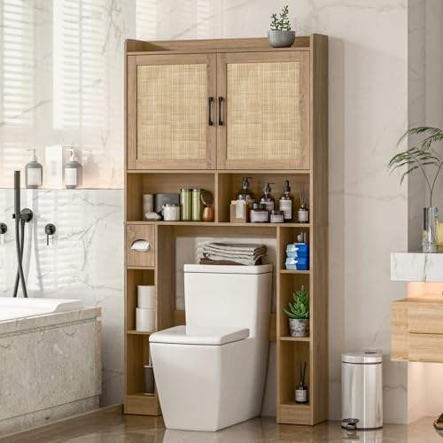 Vabches Over The Toilet Storage Cabinet with Barn Doors, Rattan Oak | Toilet Cabinet Rack, Space Saving Bathroom Organizer with Shelves, Toilet Paper Holder and Towel Rack for Bathroom,Laundry. - color: Rattan Oak