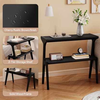 Solid Wood End Table, 2-Tier Side Table with Storage Shelf, Wooden Modern Accent Slim Bedside Table for Sofa, Living Room, Bedroom, Small Space, Easy Assembly, Black - color: Black