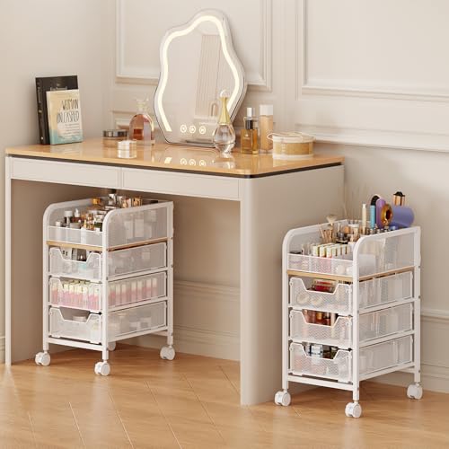 Rolling Makeup Cart Organizer with 3 Drawers, 4-Tier Narrow Floor Skincare Organizers with dividers, Vanity Organizer Cosmetics Display Cases for Makeup Brush, Hair Tool, White - color: White-Medium, size: Medium