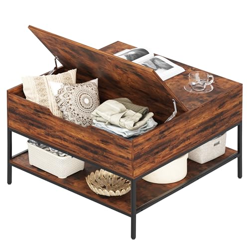 31.5" Farmhouse Coffee Table, Flip-Top Coffee Square Table with Storage Compartment, Wooden Rustic Cocktail Table for Living Room, Bedroom, Apartment, Studio, Dark Walnut - color: Dark Walnut