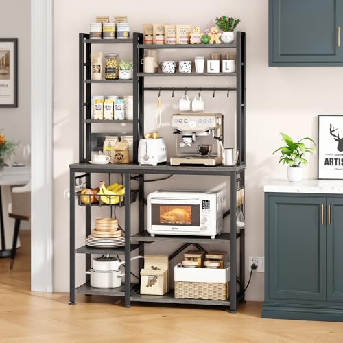 SNTD 6-Tier Bakers Rack with Power Outlets, 36 x 14.6 x 72 in, Rustic Grey | Large Capacity for Small Appliances, Stable Metal Frame with Wood Shelves, Pull-Out Basket, 14 Hooks - color: Rustic Grey