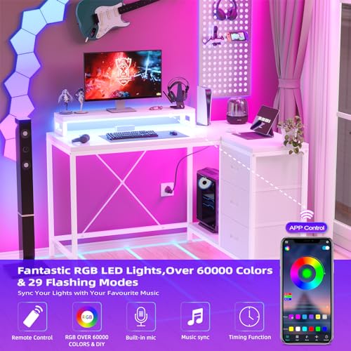 Patikuin L Shaped Desk with Power Outlets & LED Lights, Computer Desk with Drawers & Shelves, Corner Desk Gaming Desk Home Office Desk, White - color: White