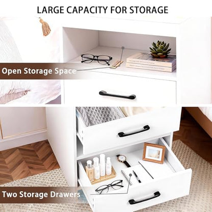Night Stand with Charging Station and Ambient Light, LED Nightstand with USB-C Ports and Outlets, Morden Bedside Table with 2 Drawers and Open Compartment, End Table for Bedroom, White