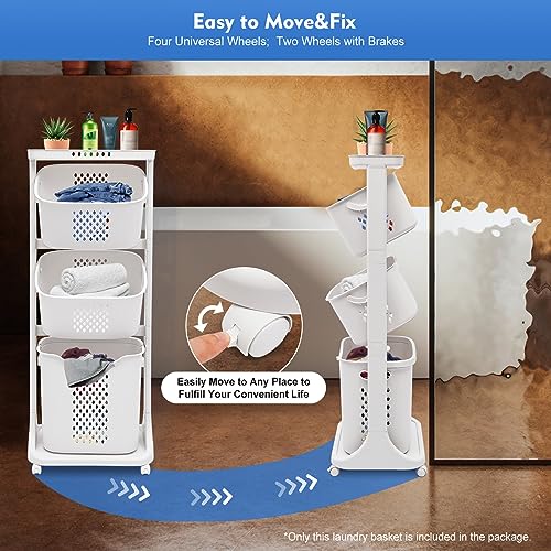 3 Tier Laundry Hamper Basket Sorter, Clothes Storage with Wheels Removable Storage Basket, Laundry Sorter Cart with Handle, Freestanding Clothes Hamper Organizer for Bathroom, Bedroom
