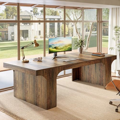 Tribesigns 70.87" Executive Office Desk with Arched Design, Rustic Brown | Modern Wooden Writing Table, Large Workspace Computer Desk Simple Business Furniture for Home Office, Sturdy Room - color: Rustic Brown