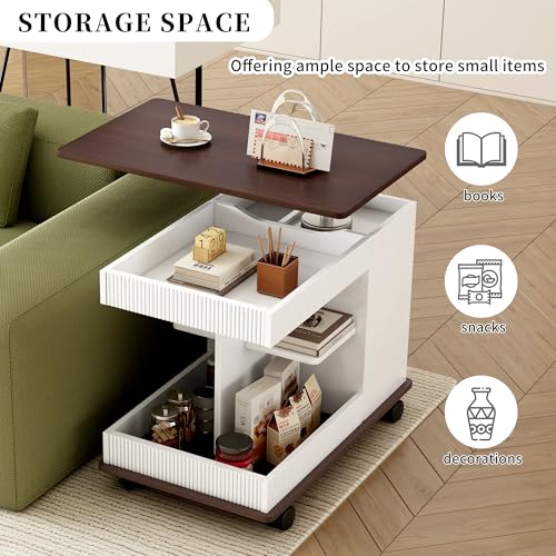 Merax Adjustable End Table with Wheels, Modern Multifunctional Sofa Side Table with Lift-Top, 360°Rotating Top and Storage Space for Living Room, Small Space, Brown+White - color: Brown+white