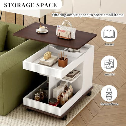 Merax Adjustable End Table with Wheels, Modern Multifunctional Sofa Side Table with Lift-Top, 360°Rotating Top and Storage Space for Living Room, Small Space, Brown+White - color: Brown+white