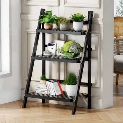 oakvivo 39.4" Foldable Plant Shelf Ladder Shelf, 3 Tier Bamboo Ladder Flower Pot Display Shelf, Freestanding Ladder Bookshelf for Garden, Balcony, Yard, Living Room, 23.6" W x 15" D x 39.4" H, Black - color: 3-Tier Black