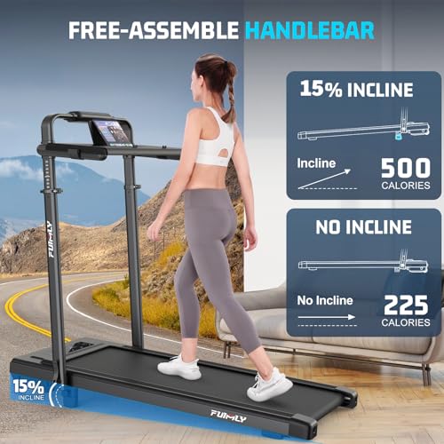 FUNMILY Upgrade Walking Pad Folding Treadmill with 12%/15% Incline & Handle Bar, 3.5HP Foldable Under Desk Compact Treadmills for Home/Office/Gym, 400+lb Capacity, Shock Absorption - color: Jet Black