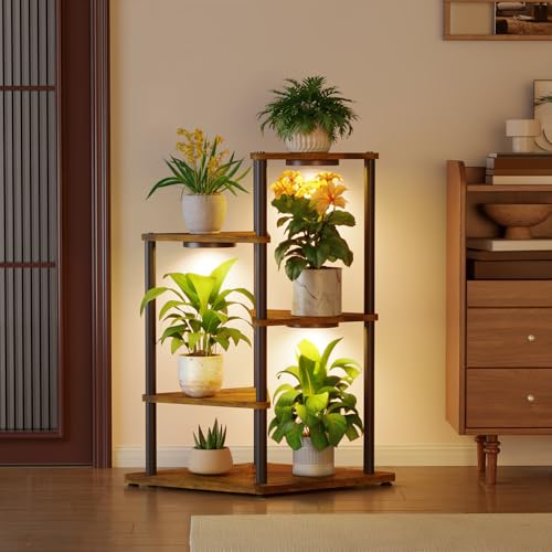 iDavosic.ly 4 Tier Plant Stand Indoor with Grow Lights, Black & Brown 33 In | Sturdy Corner Flower Shelf for 12'' Large Heavy Duty Flower Pot, Ideal for Patio Living Room Balcony Porch, Easy Assembly - size: 4 Tier with Light